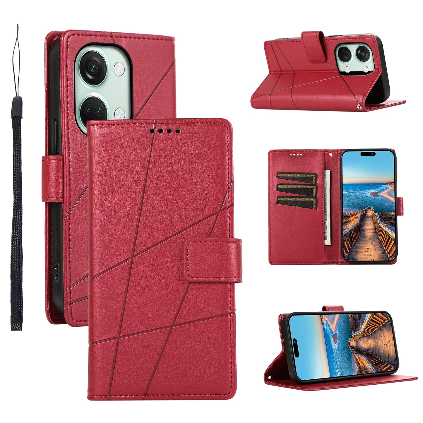 OnePlus Ace 2V PU Genuine Leather Texture Embossed Line Phone Case with Card Wallet, Kickstand & Wrist Strap