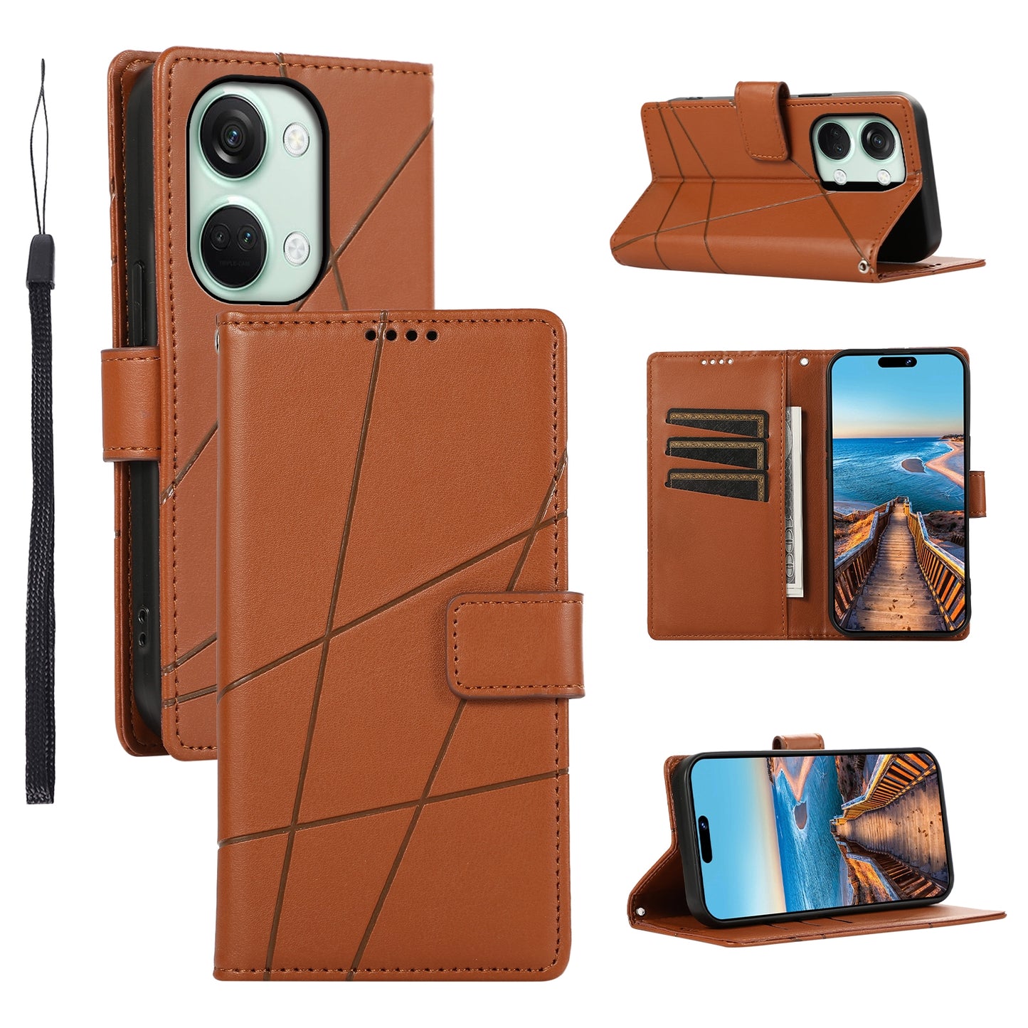 OnePlus Ace 2V PU Genuine Leather Texture Embossed Line Phone Case with Card Wallet, Kickstand & Wrist Strap