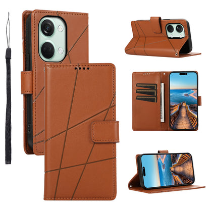 OnePlus Ace 2V PU Genuine Leather Texture Embossed Line Phone Case with Card Wallet, Kickstand & Wrist Strap