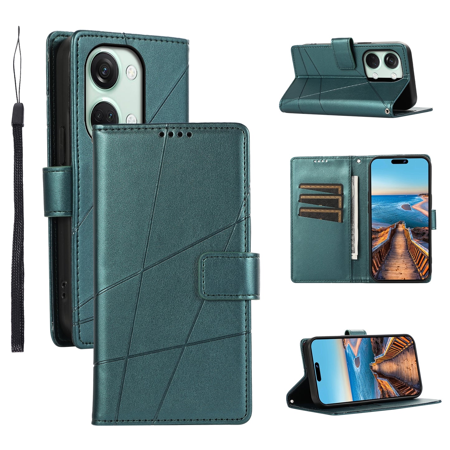 OnePlus Ace 2V PU Genuine Leather Texture Embossed Line Phone Case with Card Wallet, Kickstand & Wrist Strap