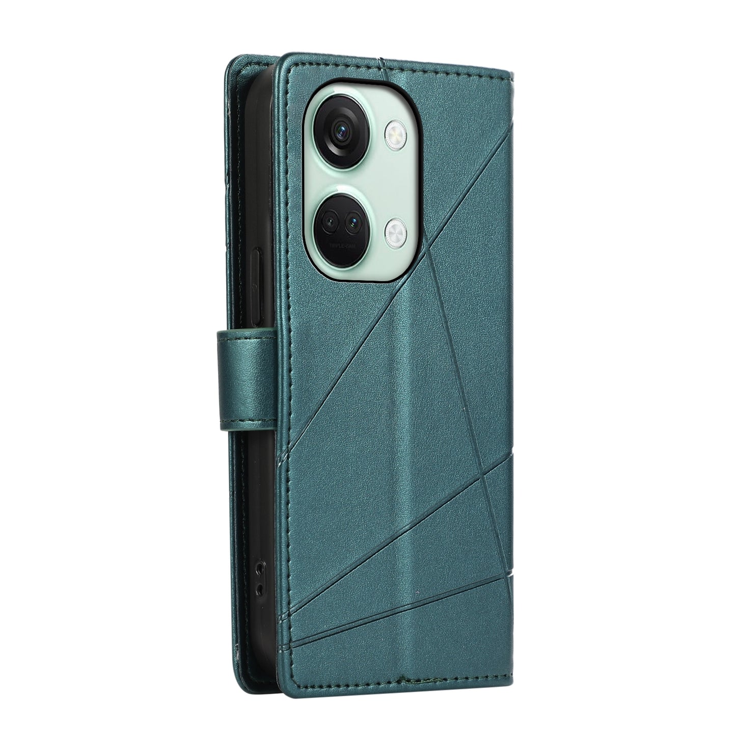 OnePlus Ace 2V PU Genuine Leather Texture Embossed Line Phone Case with Card Wallet, Kickstand & Wrist Strap