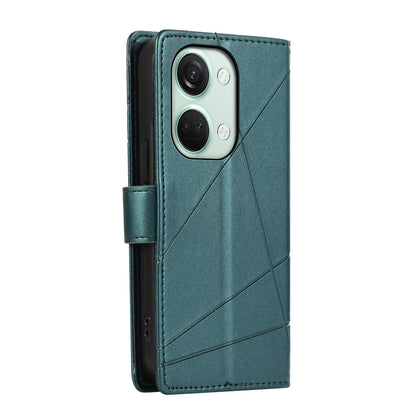 OnePlus Ace 2V PU Genuine Leather Texture Embossed Line Phone Case with Card Wallet, Kickstand & Wrist Strap