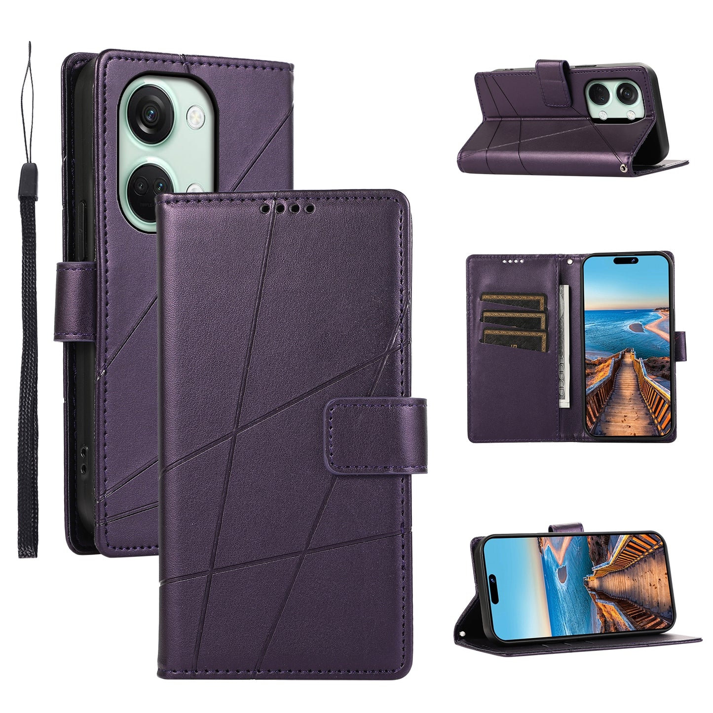 OnePlus Ace 2V PU Genuine Leather Texture Embossed Line Phone Case with Card Wallet, Kickstand & Wrist Strap