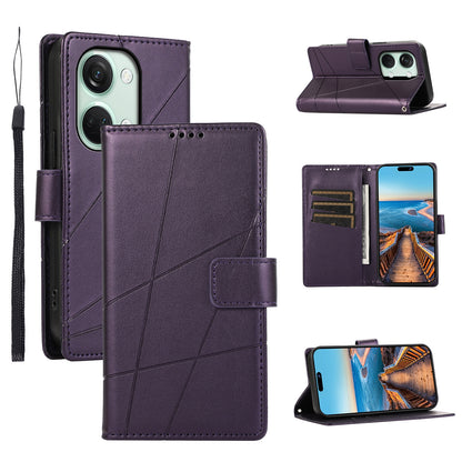 OnePlus Ace 2V PU Genuine Leather Texture Embossed Line Phone Case with Card Wallet, Kickstand & Wrist Strap