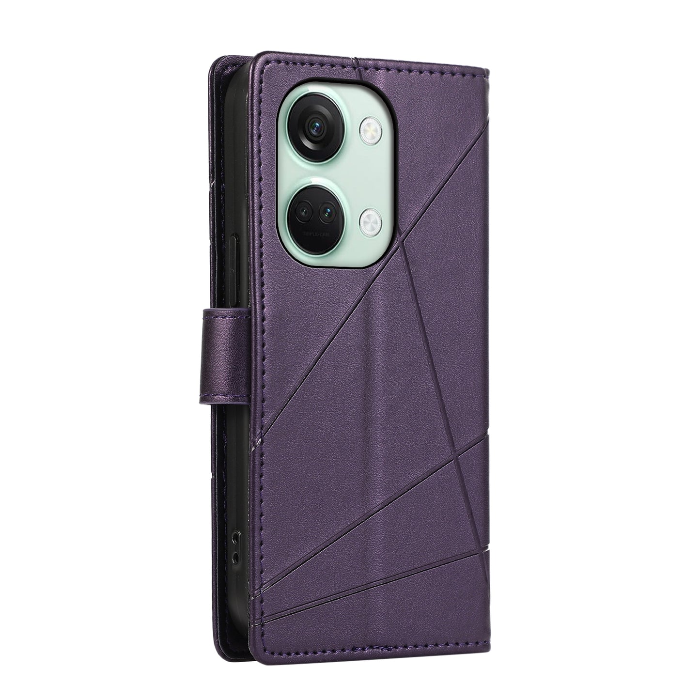 OnePlus Ace 2V PU Genuine Leather Texture Embossed Line Phone Case with Card Wallet, Kickstand & Wrist Strap