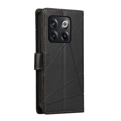OnePlus Ace Pro PU Genuine Leather Texture Embossed Line Phone Case with Card Wallet, Kickstand & Wrist Strap