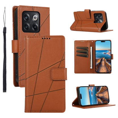 OnePlus Ace Pro PU Genuine Leather Texture Embossed Line Phone Case with Card Wallet, Kickstand & Wrist Strap
