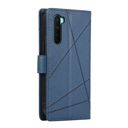 OnePlus Nord PU Genuine Leather Texture Embossed Line Phone Case with Card Wallet, Kickstand & Wrist Strap