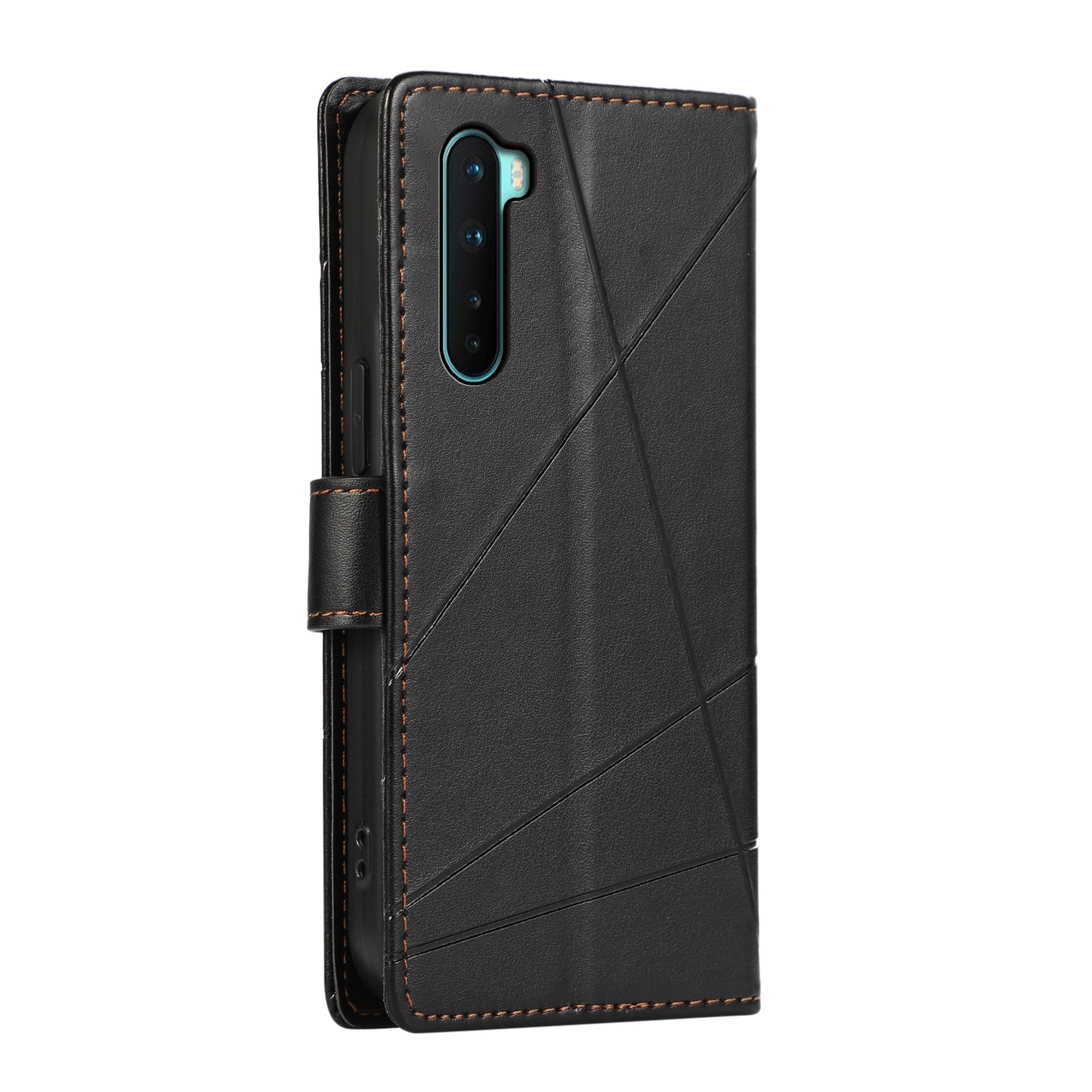 OnePlus Nord PU Genuine Leather Texture Embossed Line Phone Case with Card Wallet, Kickstand & Wrist Strap