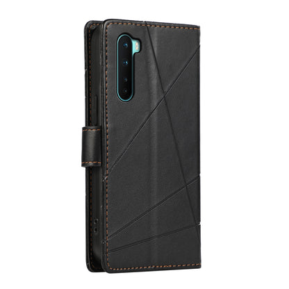 OnePlus Nord PU Genuine Leather Texture Embossed Line Phone Case with Card Wallet, Kickstand & Wrist Strap