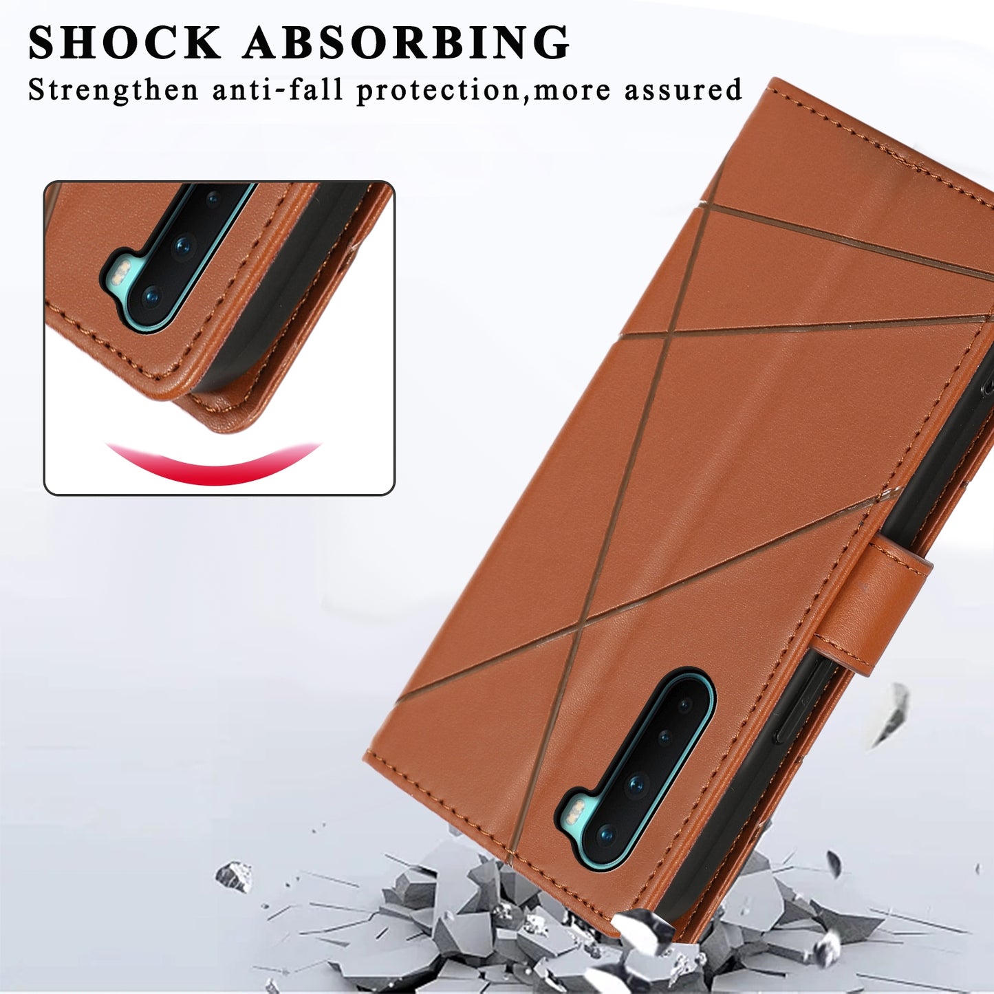 OnePlus Nord PU Genuine Leather Texture Embossed Line Phone Case with Card Wallet, Kickstand & Wrist Strap