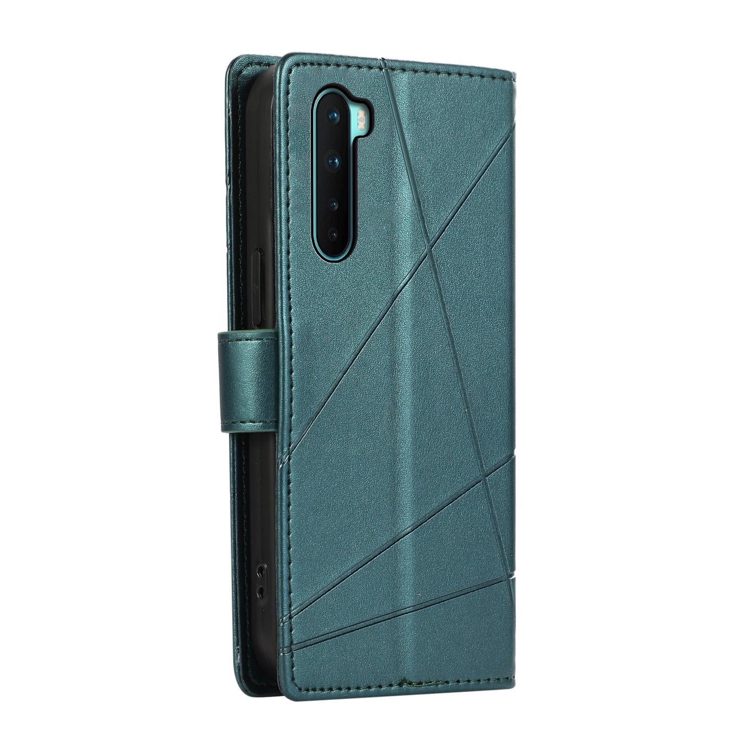 OnePlus Nord PU Genuine Leather Texture Embossed Line Phone Case with Card Wallet, Kickstand & Wrist Strap