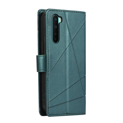 OnePlus Nord PU Genuine Leather Texture Embossed Line Phone Case with Card Wallet, Kickstand & Wrist Strap