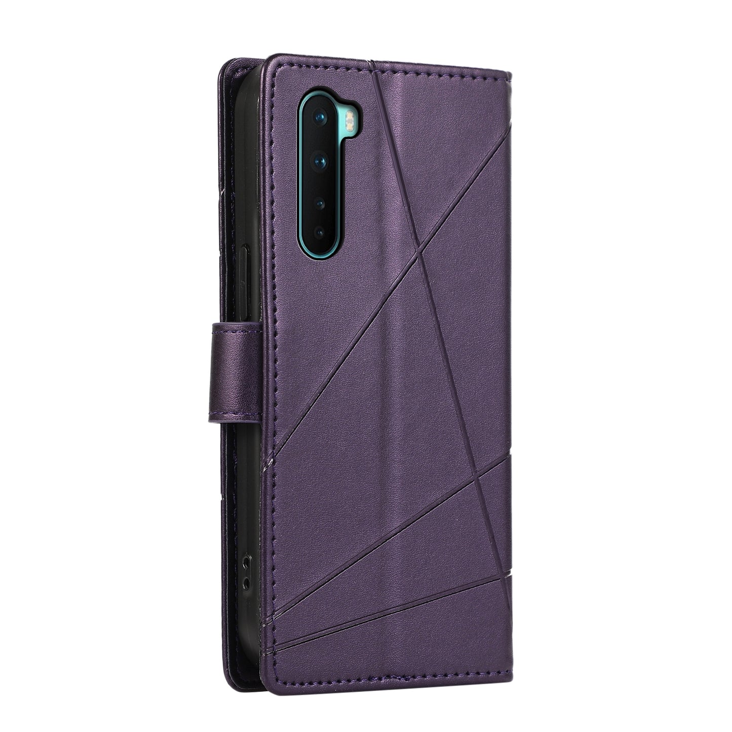 OnePlus Nord PU Genuine Leather Texture Embossed Line Phone Case with Card Wallet, Kickstand & Wrist Strap