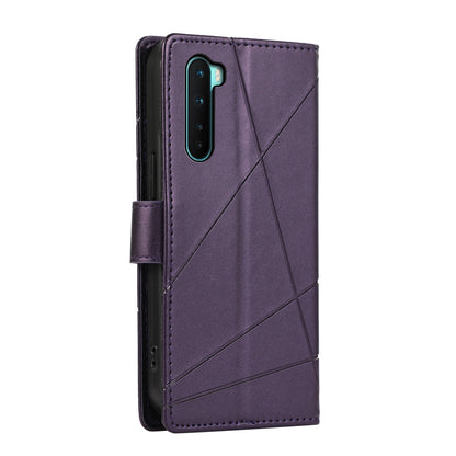 OnePlus Nord PU Genuine Leather Texture Embossed Line Phone Case with Card Wallet, Kickstand & Wrist Strap