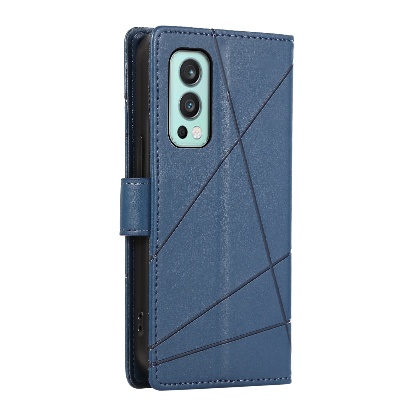 OnePlus Nord 2 5G PU Genuine Leather Texture Embossed Line Phone Case with Card Wallet, Kickstand & Wrist Strap
