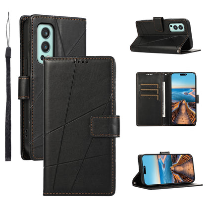 OnePlus Nord 2 5G PU Genuine Leather Texture Embossed Line Phone Case with Card Wallet, Kickstand & Wrist Strap