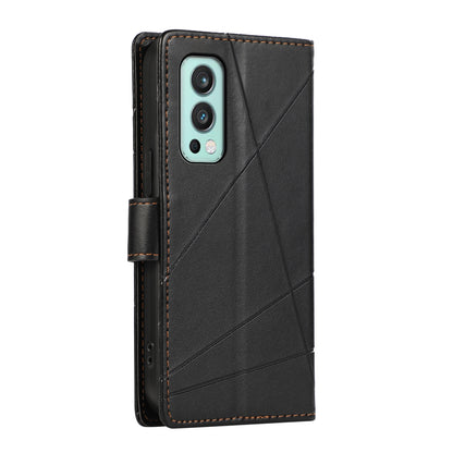 OnePlus Nord 2 5G PU Genuine Leather Texture Embossed Line Phone Case with Card Wallet, Kickstand & Wrist Strap