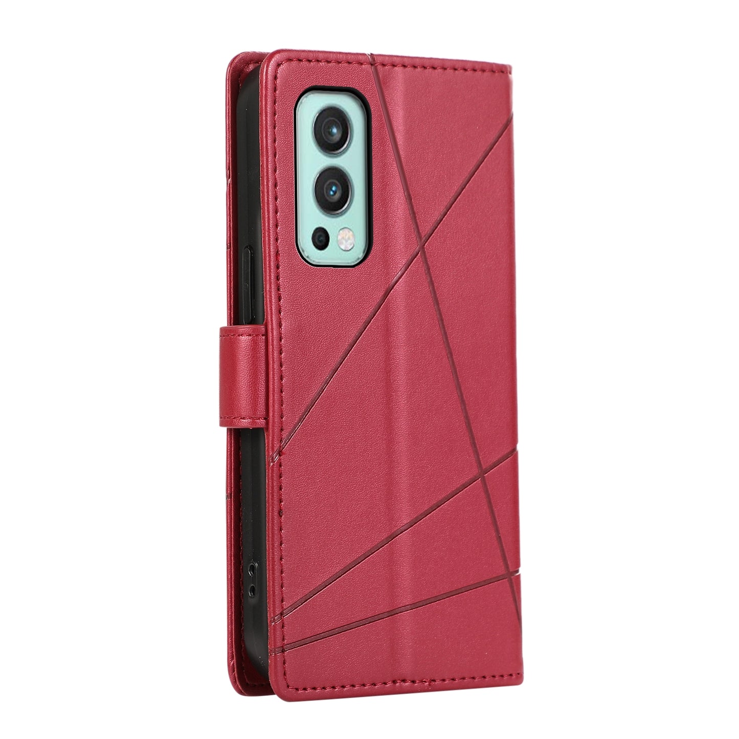 OnePlus Nord 2 5G PU Genuine Leather Texture Embossed Line Phone Case with Card Wallet, Kickstand & Wrist Strap