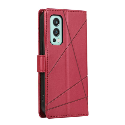 OnePlus Nord 2 5G PU Genuine Leather Texture Embossed Line Phone Case with Card Wallet, Kickstand & Wrist Strap