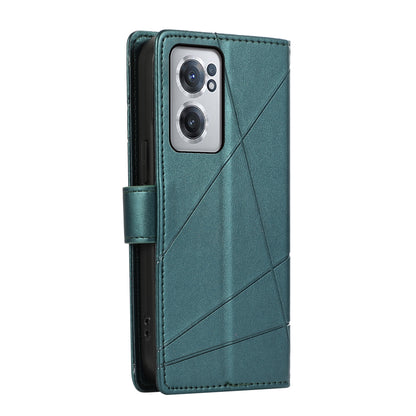 OnePlus Nord 2 5G PU Genuine Leather Texture Embossed Line Phone Case with Card Wallet, Kickstand & Wrist Strap