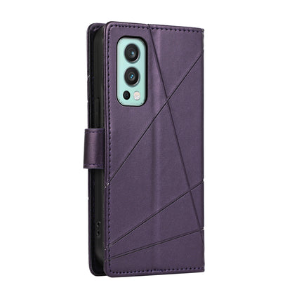 OnePlus Nord 2 5G PU Genuine Leather Texture Embossed Line Phone Case with Card Wallet, Kickstand & Wrist Strap