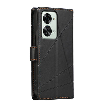 OnePlus Nord 2T PU Genuine Leather Texture Embossed Line Phone Case with Card Wallet, Kickstand & Wrist Strap