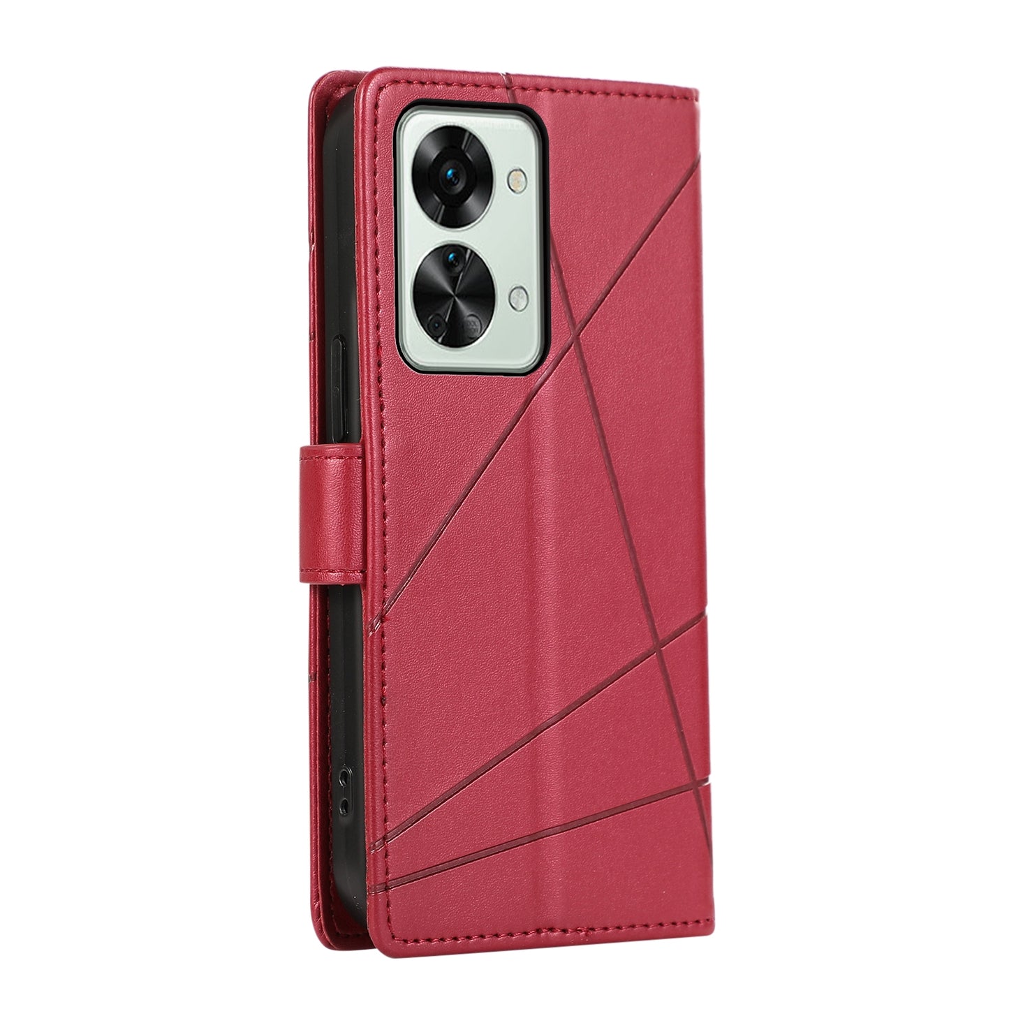 OnePlus Nord 2T PU Genuine Leather Texture Embossed Line Phone Case with Card Wallet, Kickstand & Wrist Strap
