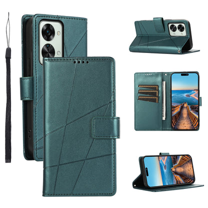 OnePlus Nord 2T PU Genuine Leather Texture Embossed Line Phone Case with Card Wallet, Kickstand & Wrist Strap