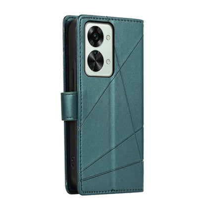 OnePlus Nord 2T PU Genuine Leather Texture Embossed Line Phone Case with Card Wallet, Kickstand & Wrist Strap