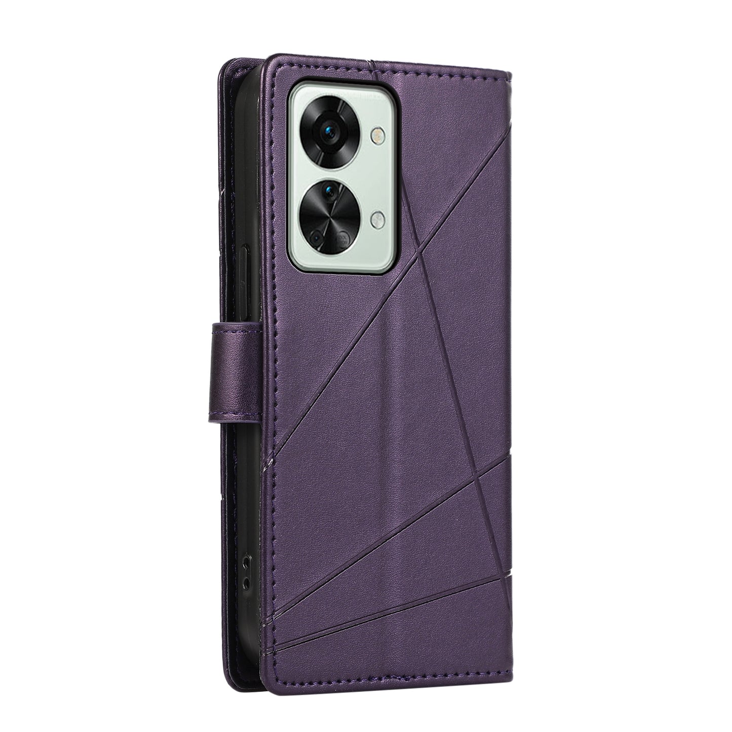 OnePlus Nord 2T PU Genuine Leather Texture Embossed Line Phone Case with Card Wallet, Kickstand & Wrist Strap