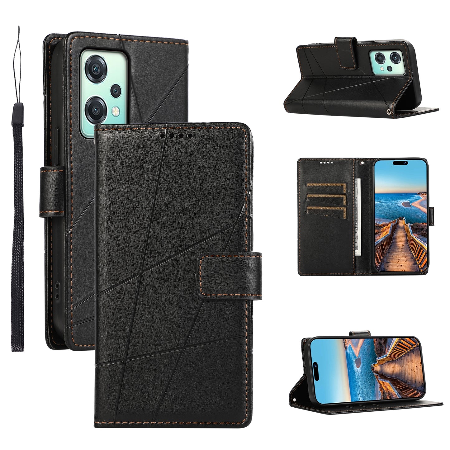 OnePlus Nord CE 2 Lite 5G PU Genuine Leather Texture Embossed Line Phone Case with Card Wallet, Kickstand & Wrist Strap