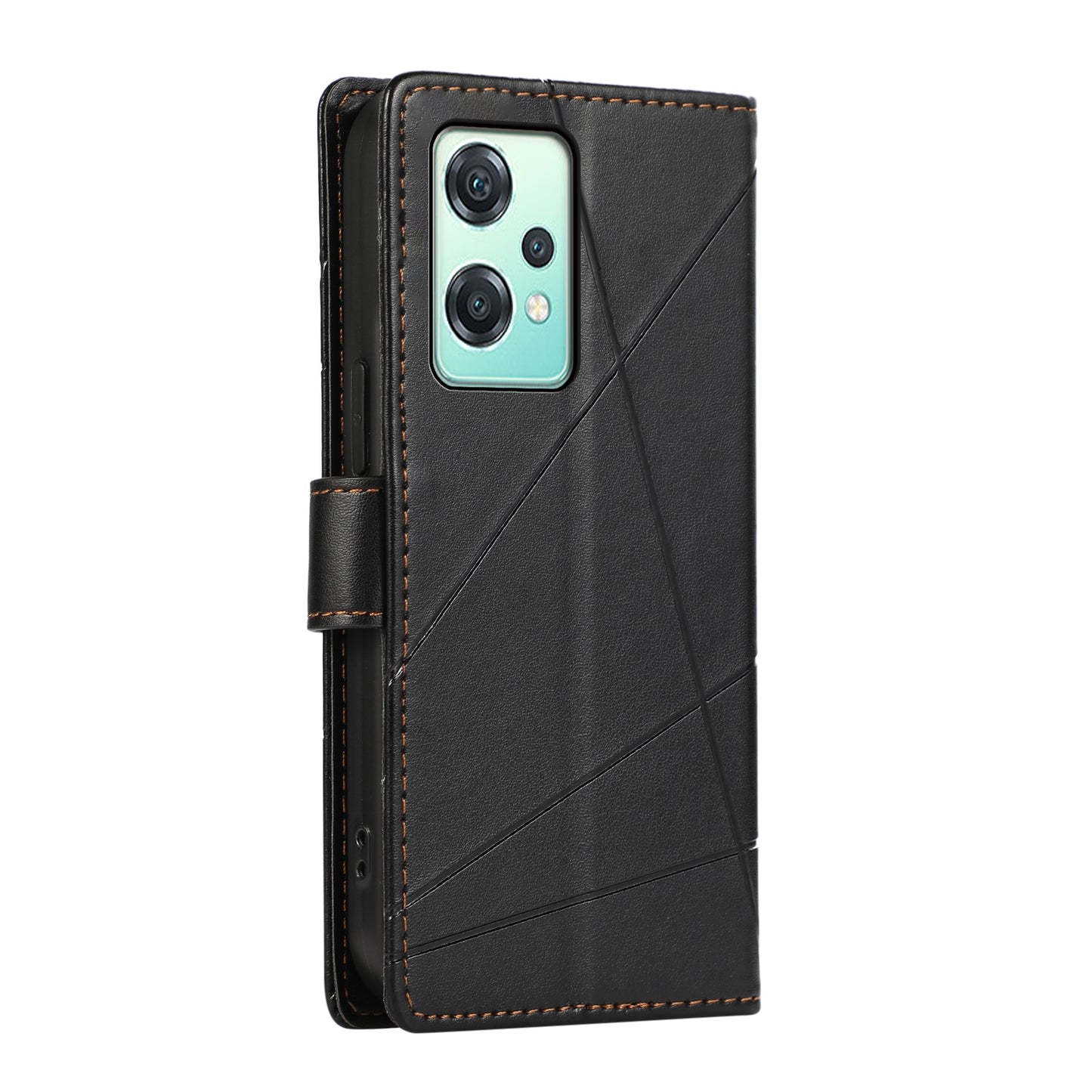OnePlus Nord CE 2 Lite 5G PU Genuine Leather Texture Embossed Line Phone Case with Card Wallet, Kickstand & Wrist Strap