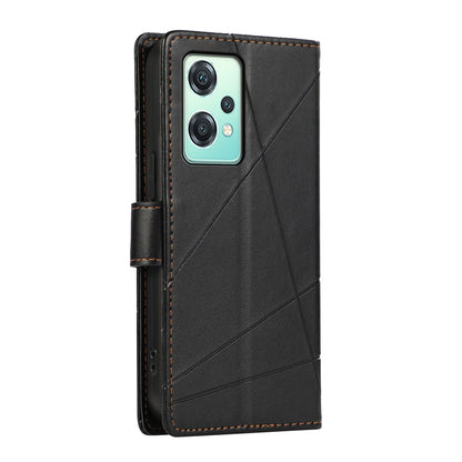 OnePlus Nord CE 2 Lite 5G PU Genuine Leather Texture Embossed Line Phone Case with Card Wallet, Kickstand & Wrist Strap