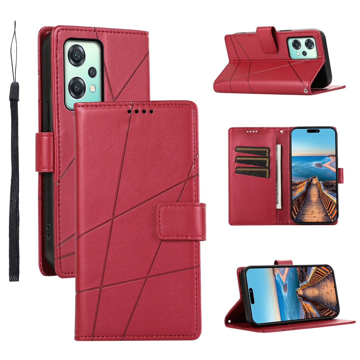 OnePlus Nord CE 2 Lite 5G PU Genuine Leather Texture Embossed Line Phone Case with Card Wallet, Kickstand & Wrist Strap