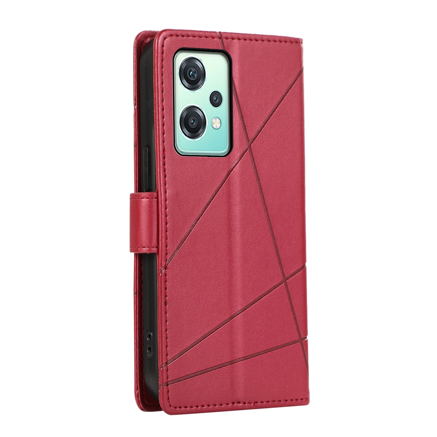 OnePlus Nord CE 2 Lite 5G PU Genuine Leather Texture Embossed Line Phone Case with Card Wallet, Kickstand & Wrist Strap