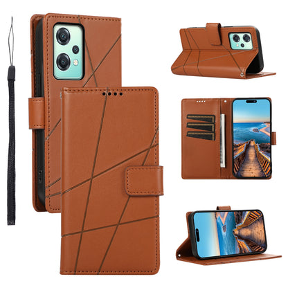 OnePlus Nord CE 2 Lite 5G PU Genuine Leather Texture Embossed Line Phone Case with Card Wallet, Kickstand & Wrist Strap
