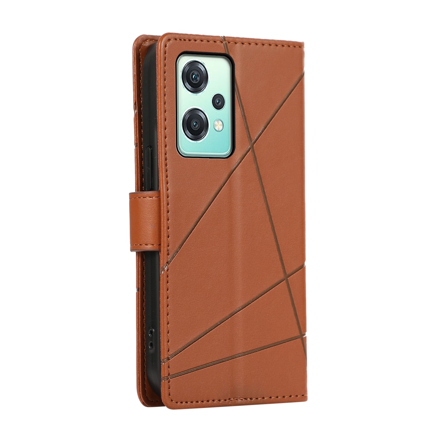 OnePlus Nord CE 2 Lite 5G PU Genuine Leather Texture Embossed Line Phone Case with Card Wallet, Kickstand & Wrist Strap