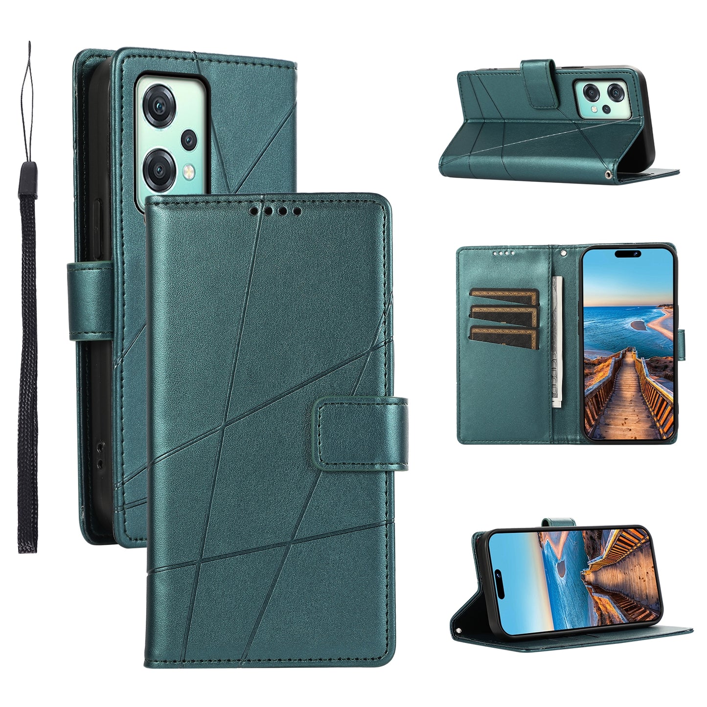 OnePlus Nord CE 2 Lite 5G PU Genuine Leather Texture Embossed Line Phone Case with Card Wallet, Kickstand & Wrist Strap
