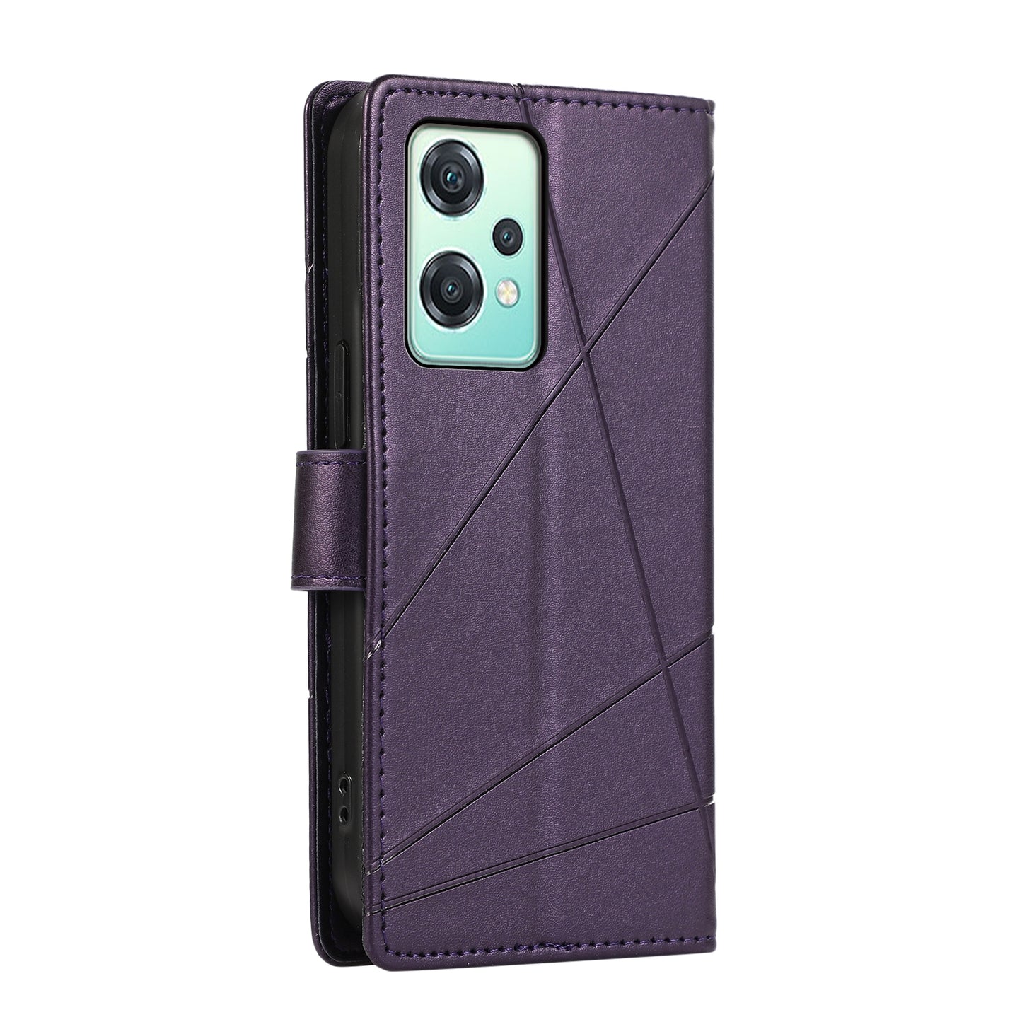 OnePlus Nord CE 2 Lite 5G PU Genuine Leather Texture Embossed Line Phone Case with Card Wallet, Kickstand & Wrist Strap