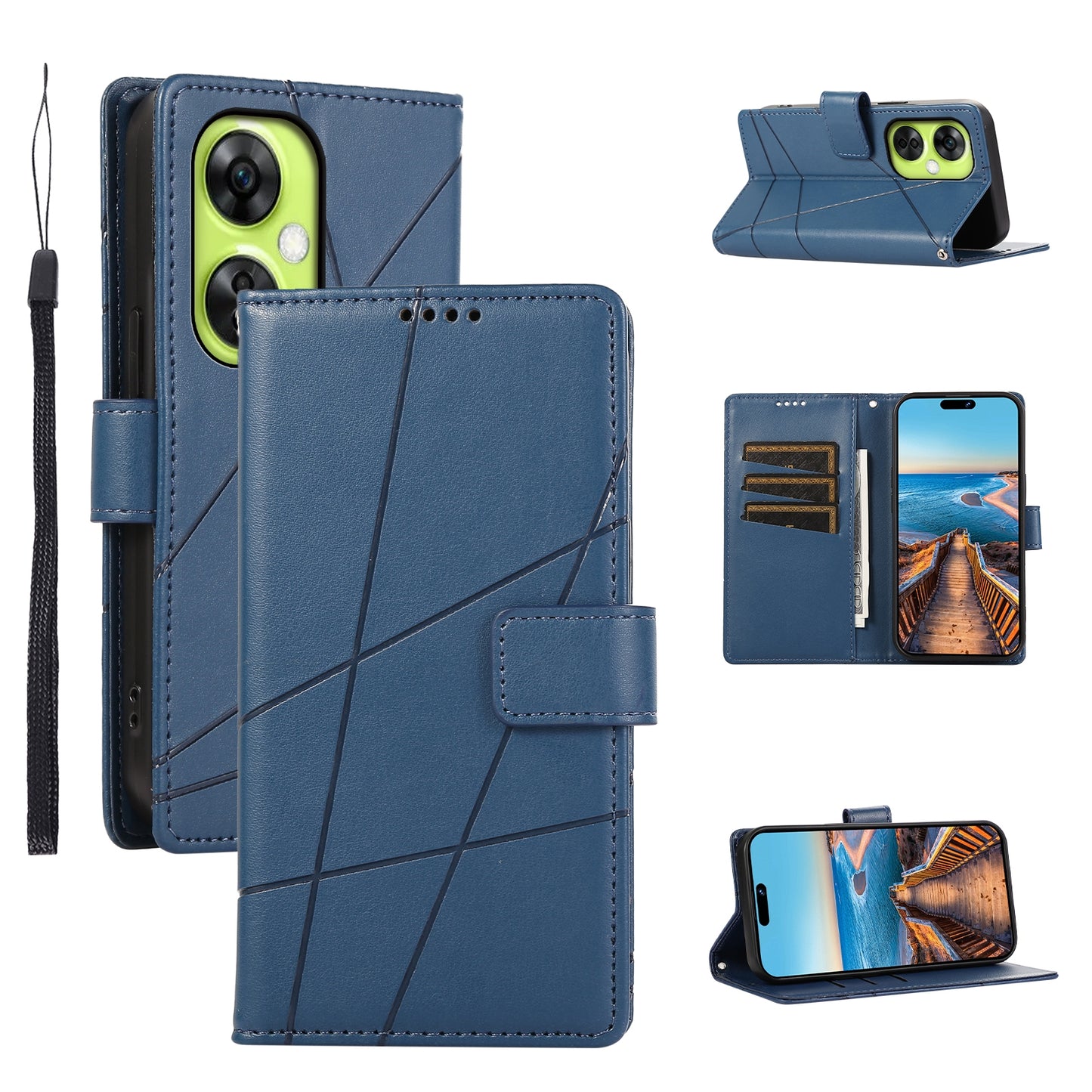 OnePlus Nord CE 3 Lite PU Genuine Leather Texture Embossed Line Phone Case with Card Wallet, Kickstand & Wrist Strap