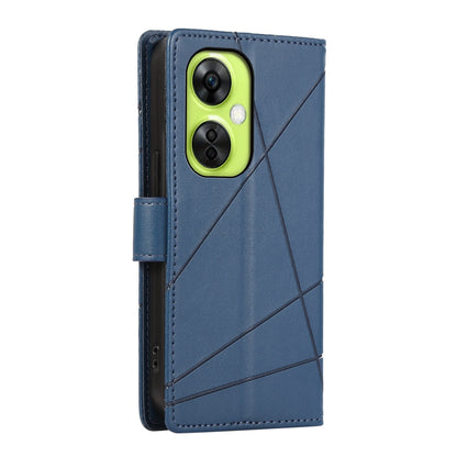 OnePlus Nord CE 3 Lite PU Genuine Leather Texture Embossed Line Phone Case with Card Wallet, Kickstand & Wrist Strap