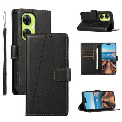 OnePlus Nord CE 3 Lite PU Genuine Leather Texture Embossed Line Phone Case with Card Wallet, Kickstand & Wrist Strap