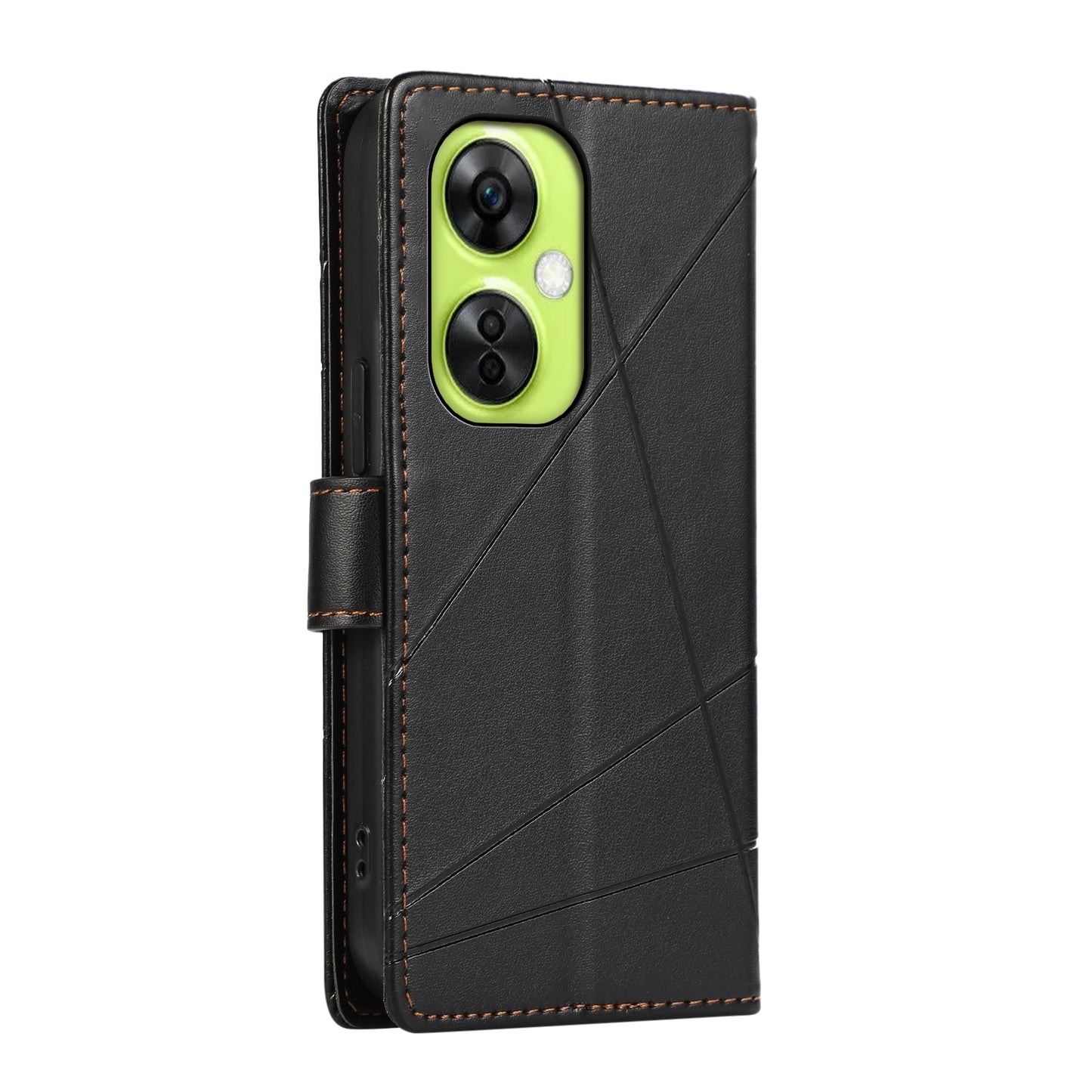 OnePlus Nord CE 3 Lite PU Genuine Leather Texture Embossed Line Phone Case with Card Wallet, Kickstand & Wrist Strap