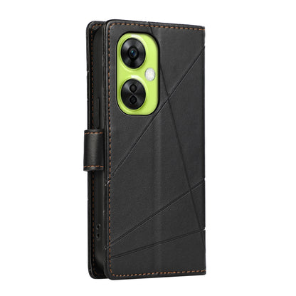 OnePlus Nord CE 3 Lite PU Genuine Leather Texture Embossed Line Phone Case with Card Wallet, Kickstand & Wrist Strap