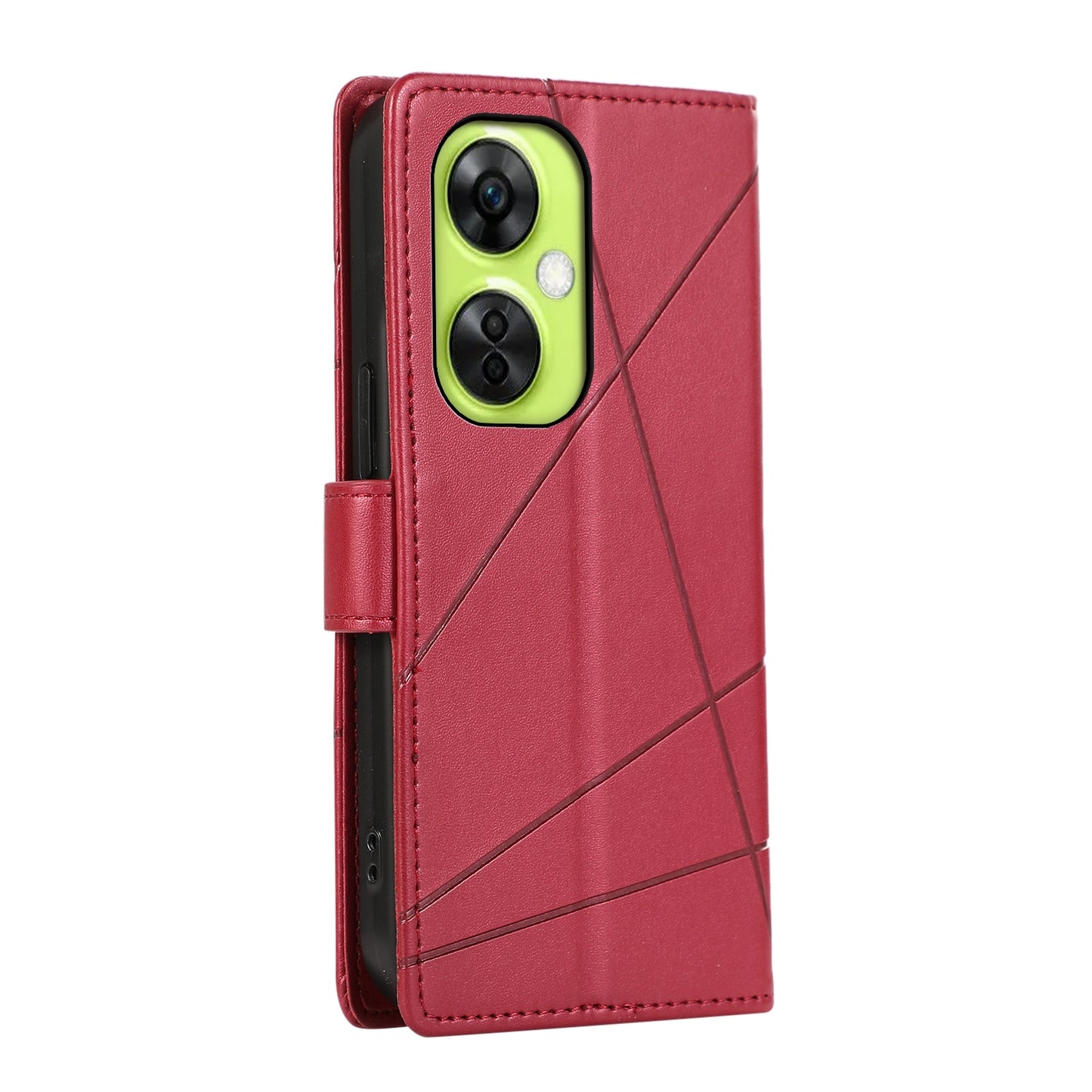OnePlus Nord CE 3 Lite PU Genuine Leather Texture Embossed Line Phone Case with Card Wallet, Kickstand & Wrist Strap