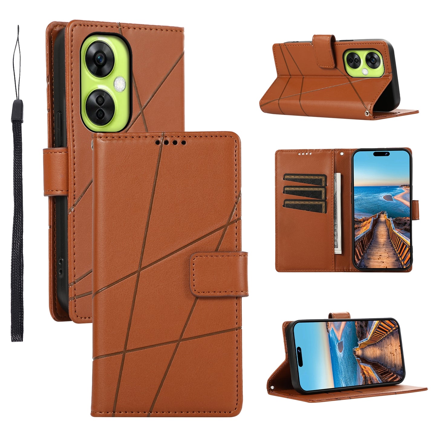OnePlus Nord CE 3 Lite PU Genuine Leather Texture Embossed Line Phone Case with Card Wallet, Kickstand & Wrist Strap