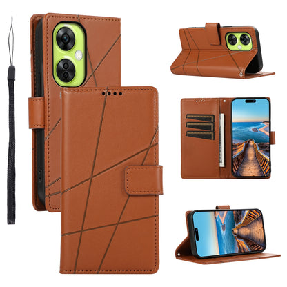 OnePlus Nord CE 3 Lite PU Genuine Leather Texture Embossed Line Phone Case with Card Wallet, Kickstand & Wrist Strap
