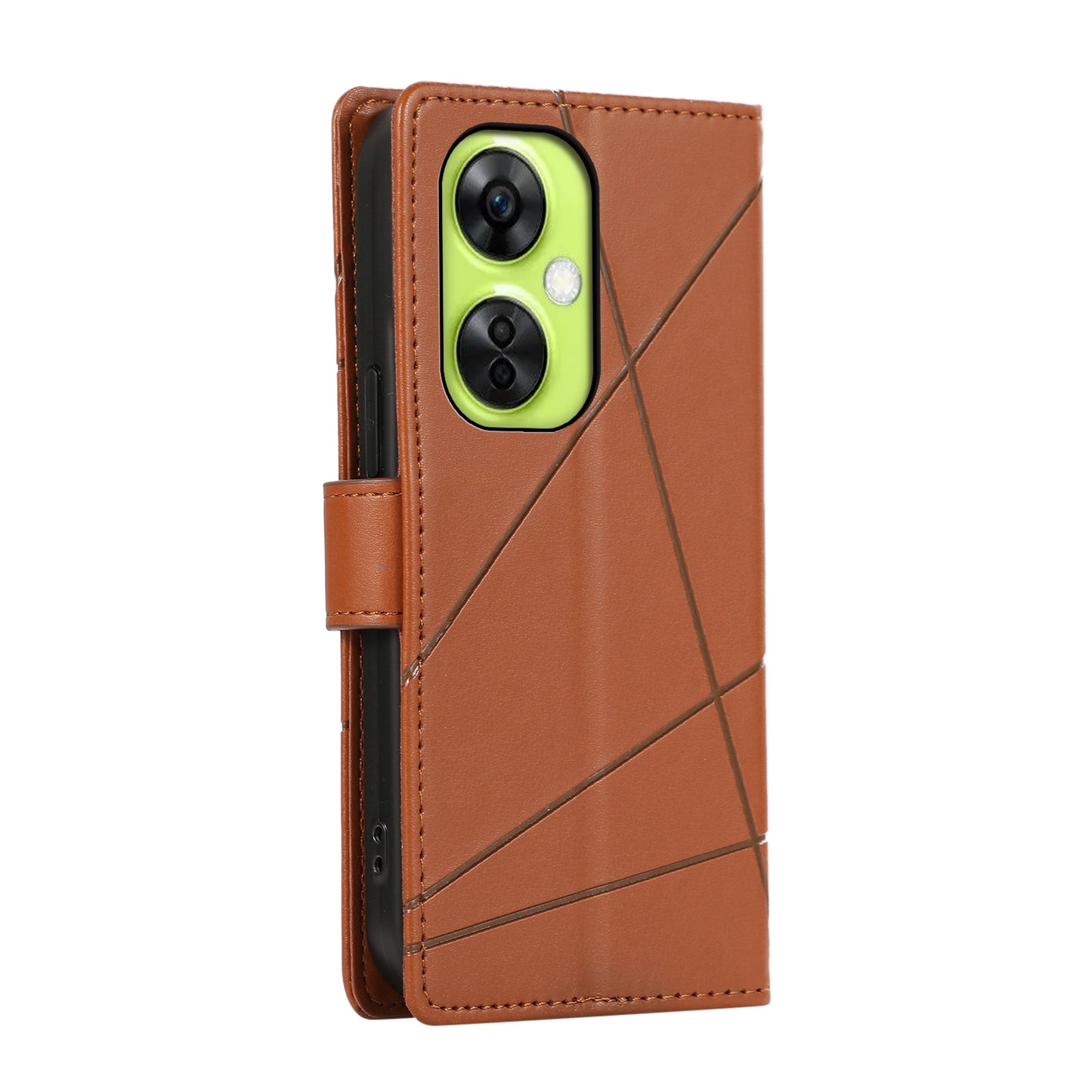 OnePlus Nord CE 3 Lite PU Genuine Leather Texture Embossed Line Phone Case with Card Wallet, Kickstand & Wrist Strap
