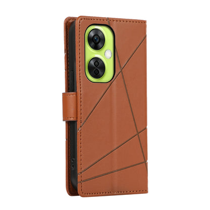 OnePlus Nord CE 3 Lite PU Genuine Leather Texture Embossed Line Phone Case with Card Wallet, Kickstand & Wrist Strap
